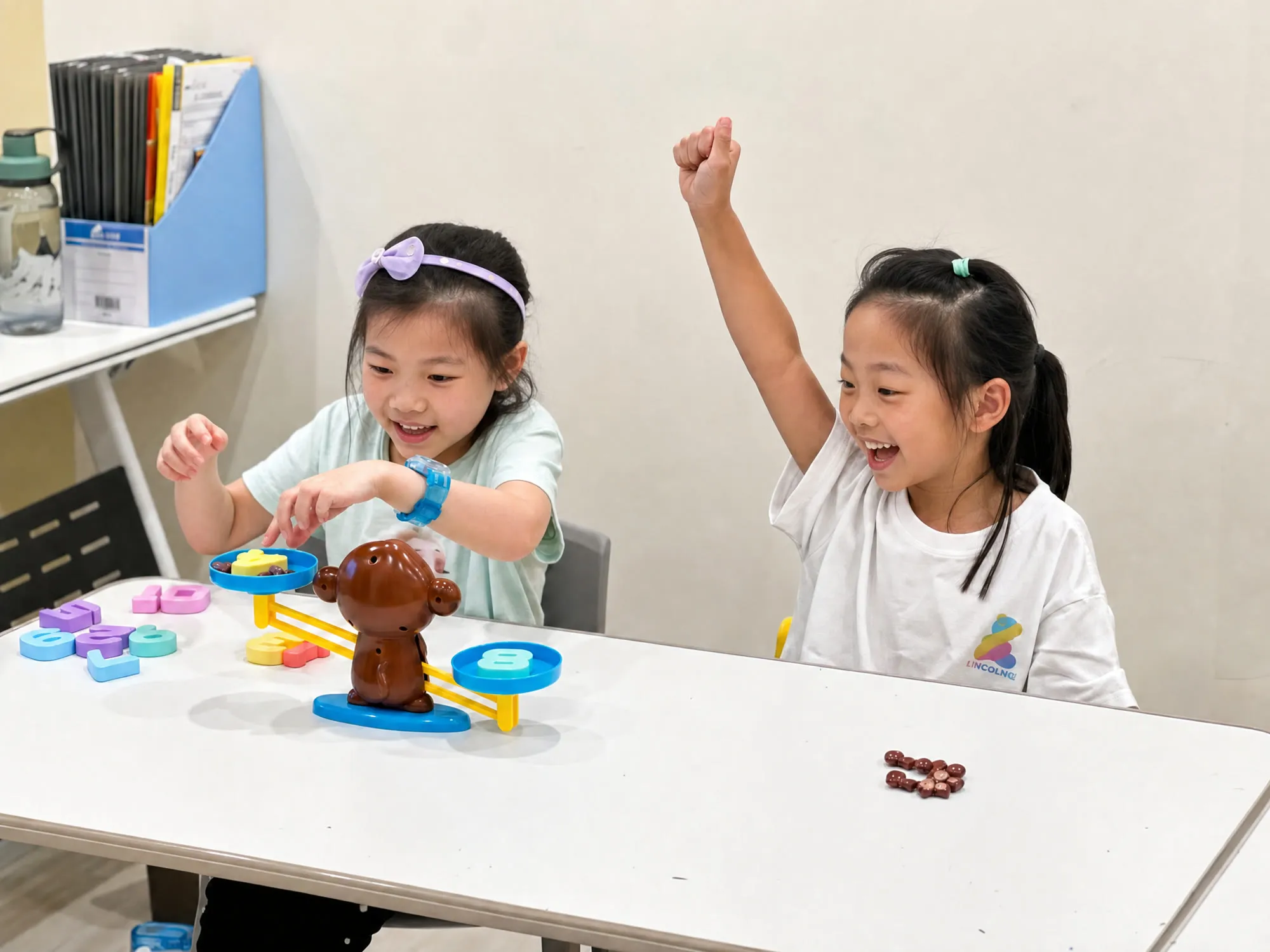 Two TITAN students working with a number balance, one of them celebrating